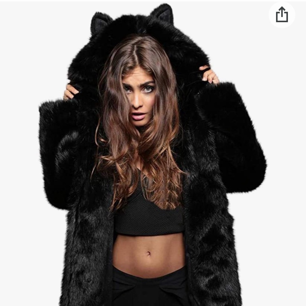 Hooded Soft Plush Winter Faux Fur Coat W Small